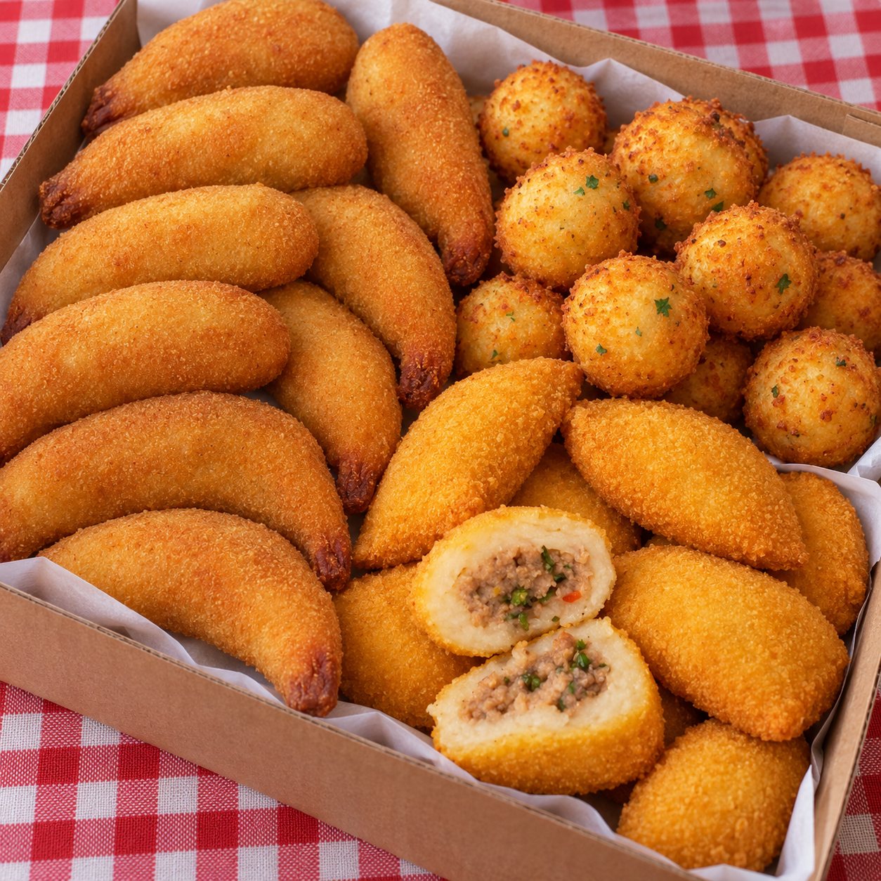 Salgados fritos premium: camarão empanado, bolinho de bacalhau e aipim com carne seca