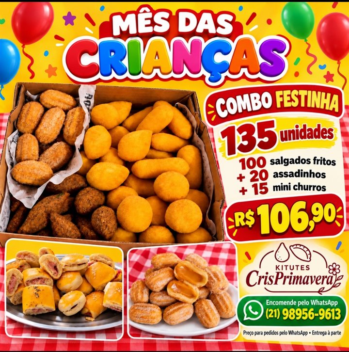 Combo Festinha: 100 salgados fritos, 20 assadinhos e 15 mini churros por R$ 106,90