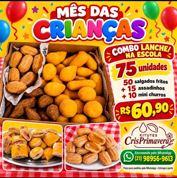 Combo Lanche na Escola: 50 salgados fritos, 15 assadinhos e 10 mini churros por R$ 60,90